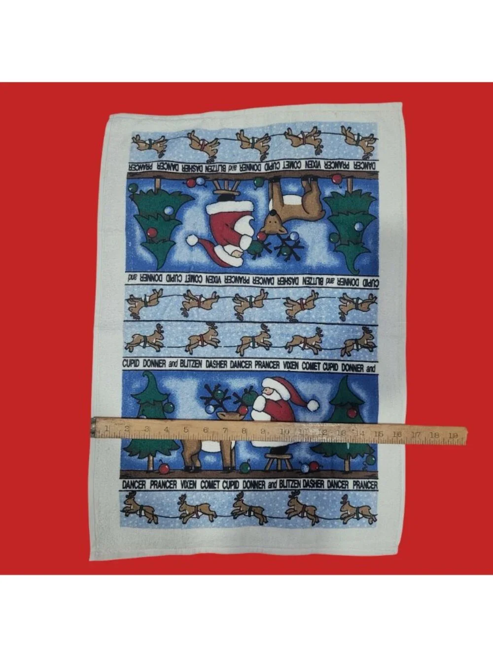 Vintage Christmas Kitchen Hand Towels Set of 2 Santa Reindeer Names Border Cotto
